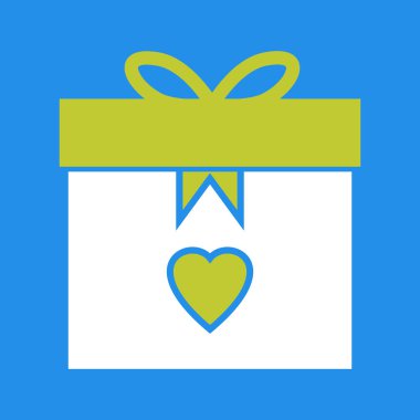 Kalp vektör ikonu ile hediye. biçim düz simge, yumuşak mavi renk, yuvarlak açılar, beyaz arkaplan