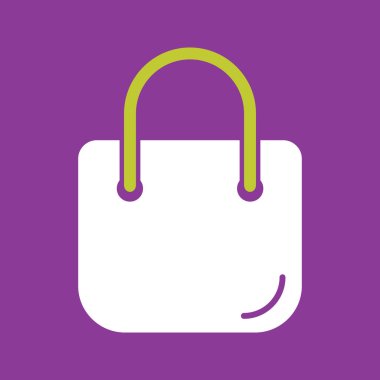 Alışveriş poşeti tabelası. Vektör. Menekşe kare çemberinde yumuşak yeşil çemberli beyaz simge.