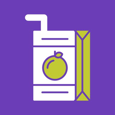 Mor meyve suyu ikonu yeşil arka planda izole edilmiş. İçinde saman olan meyve suyu kabı. vektör illüstrasyonu