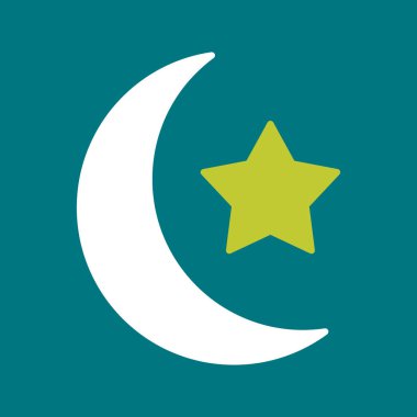 Ay vektör simgesi. stilde düz sembol, yuvarlak ve koyu mavi arkaplan üzerinde sarı renkler