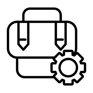 Evrak çantası ikonlu ekipman. Beyaz arkaplanda izole edilmiş web tasarımı için ana hat dişli kutusu ve dişli vektör simgeleri
