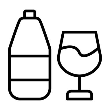 Şarap şişesi ve cam ikon, çizgi tarzı.