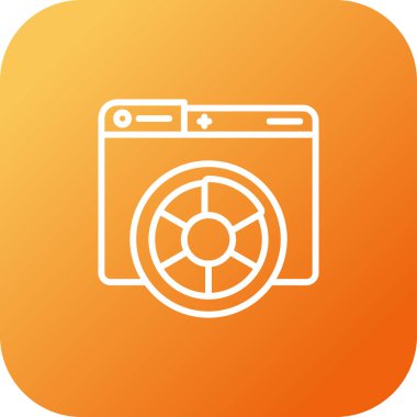 Beyaz arkaplanda beyaz çizgi yıkama simgesi izole edildi. Ev yıkama ikonu. Çamaşır makinesi. Çamaşır makinesi. Ev aletleri sembolü. turuncu daire düğmesi. vektör