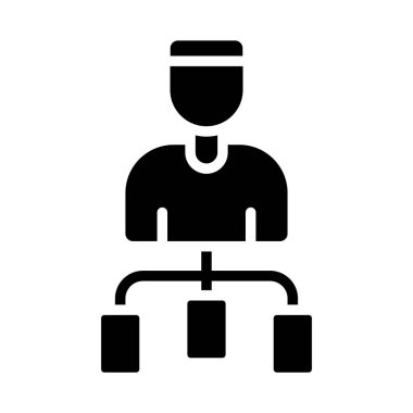 Laptop simgesi ve vektörü olan bir masada oturan adam