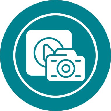 Kamera simgesi. vektör biçimi, yuvarlak açıları, gri ve cyan renkleri, beyaz arkaplanı olan çift renkli düz ikonik semboldür.