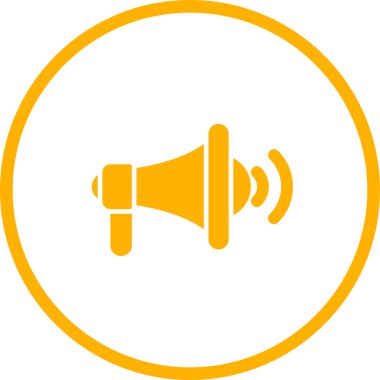 megafon ikonu. Vektör biçimi yuvarlak açılı, turuncu renk ve beyaz arkaplan içeren düz ikonik semboldür.