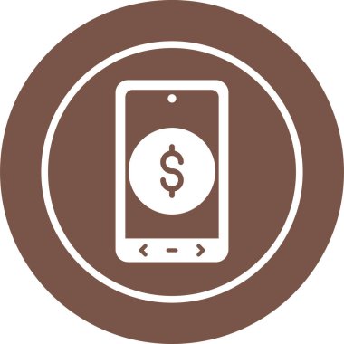 cep telefonu vektör simgesi. Bu yuvarlak düz sembol beyaz arkaplanda kahverengi ve gri renkte..