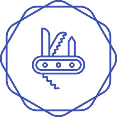 elektrikli testere simgesi, ince çizgi biçimi, ana hatlı vektör web tasarım işareti, ana konsept sembolü, pürüzsüz mavi arkaplan, beyaz