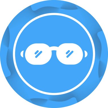 Gözlükler mavi bir dairede, beyaz bir arka planda.