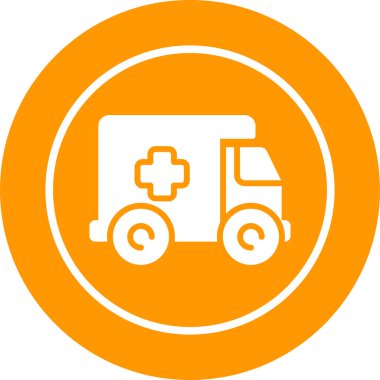 Ambulans vektör simgesi. Bu yuvarlak düz sembol beyaz arkaplanda turuncu ve gri renklerle çizilir..