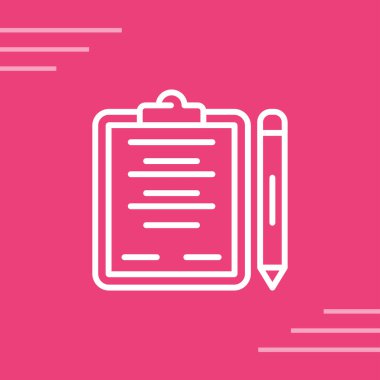 Pembe arka planda izole edilmiş kalem simgesine sahip siyah çizgi belgesi. Muhasebe ikonu. Kontrol listesi simgesi. İş konsepti. Rastgele dinamik şekiller. vektör illüstrasyonu