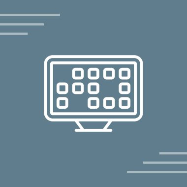 Uzun gölgeli beyaz bilgisayar monitörü simgesi. Bilgisayar bileşeni işareti. vektör.