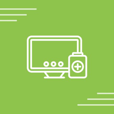 Yeşil arkaplanda yeşil bilgisayar monitörü ve kardiyogram simgesi izole edildi. Monitör. Kalp atışı elle çizilmiş EKG monitörü. düz tasarım biçimi.