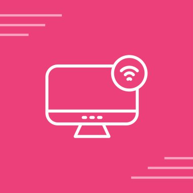 Pembe dizüstü bilgisayarda pembe arka planda kablosuz internet simgesi var. Wi-fi sembolü. düz dizayn. vektör illüstrasyonu