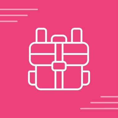 Kırmızı arkaplanda siyah çizgi sırt çantası simgesi izole edildi. Yürüyüş ekipmanları. Kamp çantası. Rastgele dinamik şekiller. vektör illüstrasyonu.