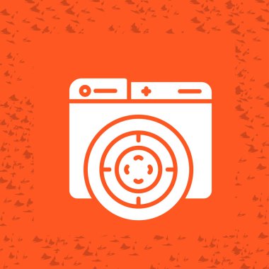 çamaşır makinesi simgesi. Gri düşük polimerli arkaplanda turuncu soyut düğme.