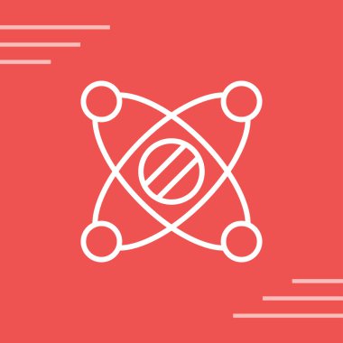 Gölgeli beyaz çizgi atom ikonu. Bilimin, eğitimin, nükleer fiziğin, araştırmanın sembolü. Kırmızı daire düğmesi. vektör.