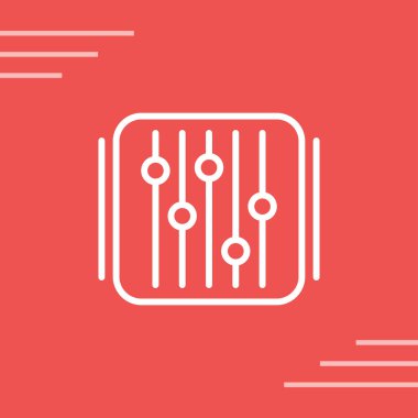 Beyaz çizgi müzik notası, ton simgesi uzun gölgeli. Kırmızı daire düğmesi. Vektör İllüstrasyonu.