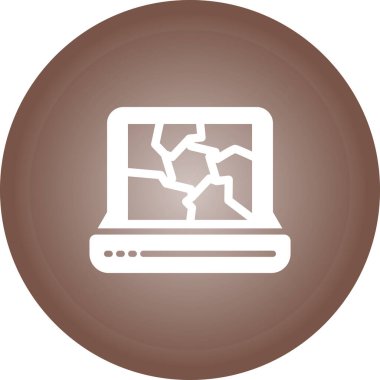 Kırık bir ekran simgesiyle kırılmış bir laptop. Kahverengi yuvarlak düğme tasarımı. vektör