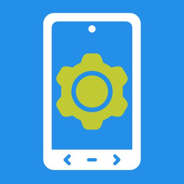Telefon ayarları simgesi. Bu düz yuvarlak sembol mavi ve sarı renkler kullanır ve beyaz arkaplanda izole edilir..