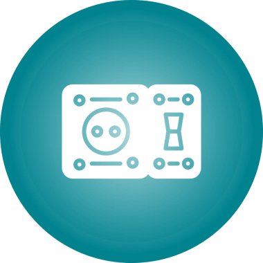 Beyaz çizgili elektrikli araba aküsü ikonu uzun gölgede izole edilmiş. Yenilenebilir enerji bataryası ve elektrik gücü. Mavi daire düğmesi. vektör illüstrasyonu