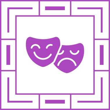 Beyaz çizgi teatral maske simgesi beyaz arkaplanda izole edildi. mor kare düğme. vektör illüstrasyonu
