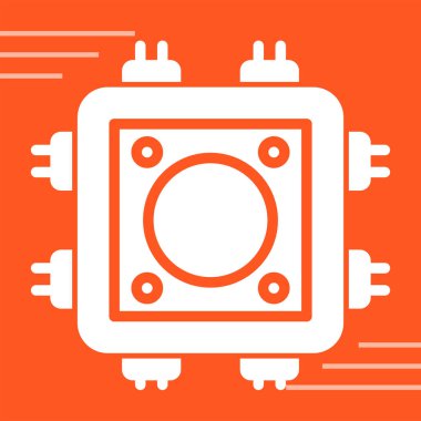 Uzun gölgeli beyaz bilgisayar simgesi izole edildi. PC devre kartı. turuncu daire düğmesi. vektör.