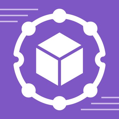 Uzun gölge arkaplanda izole edilmiş beyaz çizgi kutu karton ikon. Karton teslimat paketiyle birlikte paket kutusu. Paket teslimatı. mor altıgen düğmesi