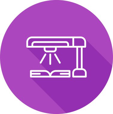 Beyaz arka planda izole edilmiş mor çizgi bahçe küreği ikonu. Bahçe aleti. Bahçıvanlık, tarım, çiftçilik için bir araç. Sarı daire düğmesi. vektör.