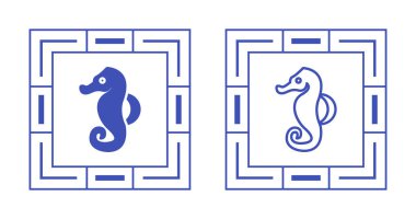 Two seahorse illustrations inside geometric square frames