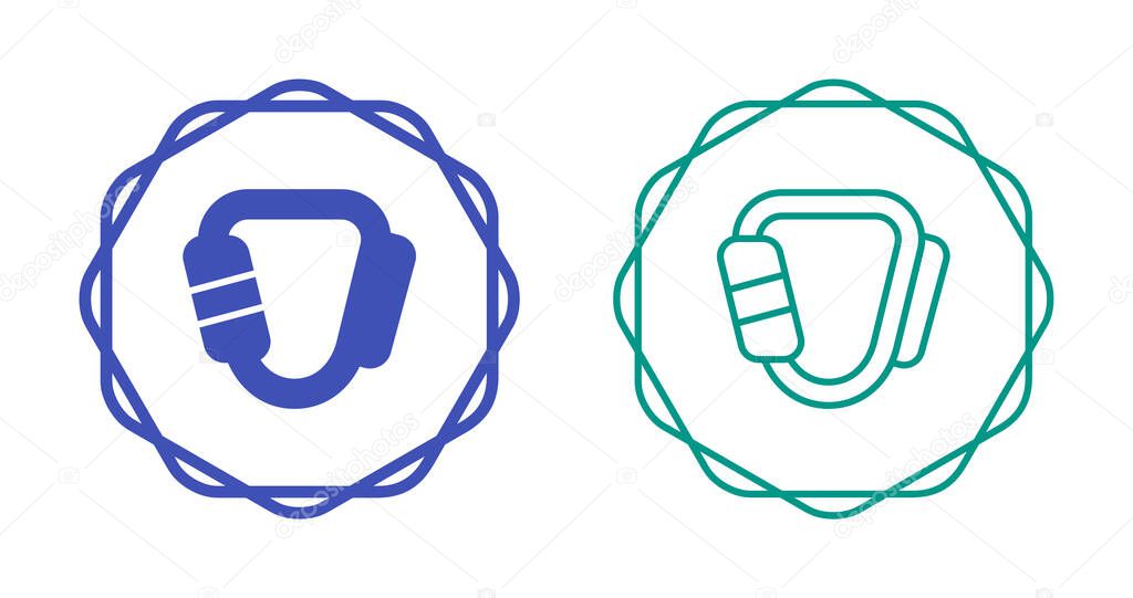 Two abstract carabiner icons inside circular borders
