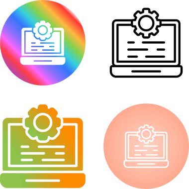 Renk arkaplanında renk çizgisi dizüstü ve dişli simgesi izole edildi. Uygulama ayarlama, servis konsepti, ayarlama seçenekleri, bakım, onarım, onarım. Simgeleri ayarla