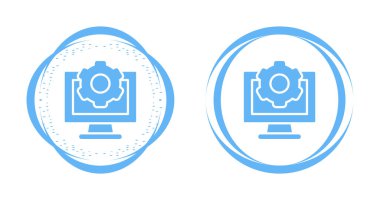beyaz arkaplanda dişli simgesi olan renk bilgisayar monitörü. Çember düğmesi. vektör. 