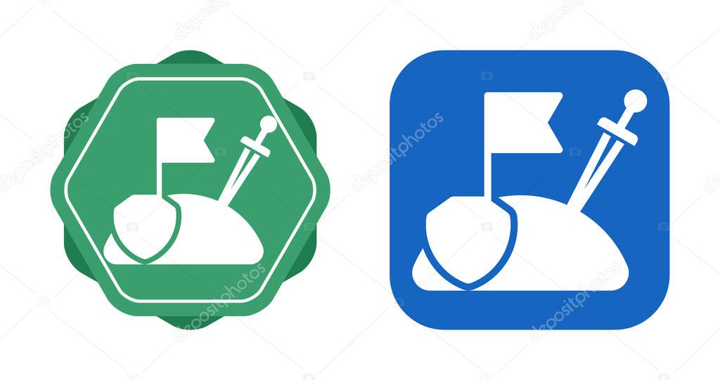 Two shield icons featuring flags and swords on rocks