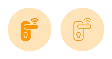 Beyaz arkaplanda izole edilmiş ikonu açmak için kablosuz teknolojiye sahip çizgi dijital kapı kilidi. Kapı kolu tabelası. Güvenlik akıllı ev. Renkli taslak konsepti. Vektör