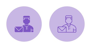 Teslimatçı çizgi düz ikon. Zarflı vektör illüstrasyoncu adam. Postacı. Daireye hızlı teslimat..