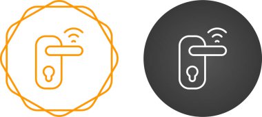 Beyaz arkaplanda izole edilmiş ikonu açmak için kablosuz teknolojiye sahip çizgi dijital kapı kilidi. Kapı kolu tabelası. Güvenlik akıllı ev. Renkli taslak konsepti. Vektör