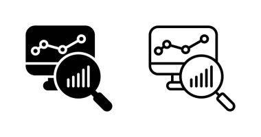 Düz bir iş analizi ikonu. Beyaz üzerine pazarlama araştırma sembolü. Strateji arama işareti siyah. Büyüyen grafik simgesinin analizi.