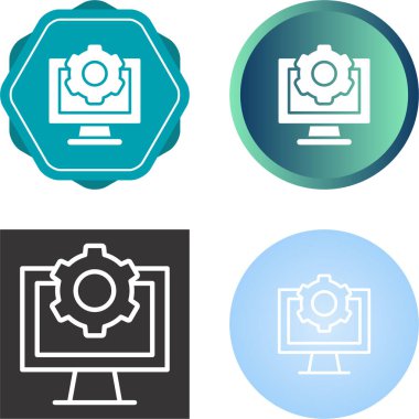 beyaz arkaplanda dişli simgesi olan renk bilgisayar monitörü. Çember düğmesi. vektör. 