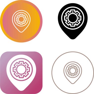 Konum ekipmanı simgesi. Pin ve çark. Vektör sembolü. Harita İşaretleyici illüstrasyonu.