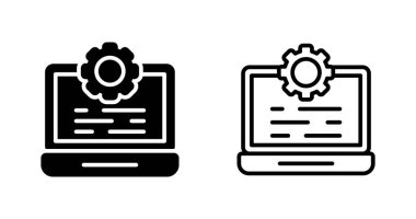 Beyaz arkaplanda dizüstü bilgisayarlar ve vites simgeleri, vektör illüzyonu  