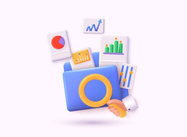 Şema ve oklarla dolu bir klasör. El ele tutuşan büyüteç. Başarı. Finansal Öge, İş Yatırım, Finansal Piyasa. 3B Web Vektör Resimleri.
