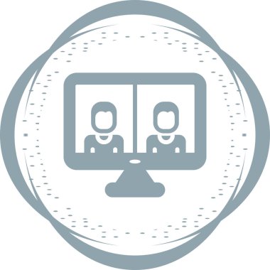 İş görüşmesi ikonu, vektör illüstrasyonu. Video konferans ikonu. Bilgisayar ekranındaki insanlar. Merkez Ofis  