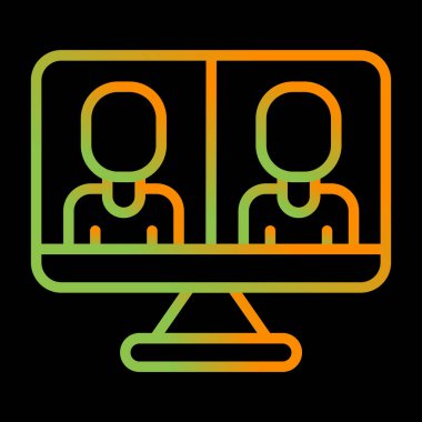 İş görüşmesi ikonu, vektör illüstrasyonu. Video konferans ikonu. Bilgisayar ekranındaki insanlar. Merkez Ofis  