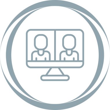 İş görüşmesi ikonu, vektör illüstrasyonu. Video konferans ikonu. Bilgisayar ekranındaki insanlar. Merkez Ofis  