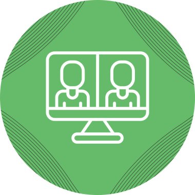 İş görüşmesi ikonu, vektör illüstrasyonu. Video konferans ikonu. Bilgisayar ekranındaki insanlar. Merkez Ofis  