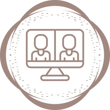 İş görüşmesi ikonu, vektör illüstrasyonu. Video konferans ikonu. Bilgisayar ekranındaki insanlar. Merkez Ofis  