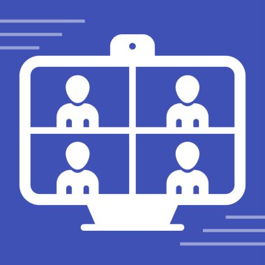 İş görüşmesi ikonu, vektör illüstrasyonu. Video konferans ikonu. Bilgisayar ekranındaki insanlar. Merkez Ofis  