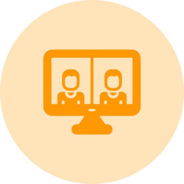 İş görüşmesi ikonu, vektör illüstrasyonu. Video konferans ikonu. Bilgisayar ekranındaki insanlar. Merkez Ofis  