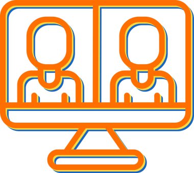 İş görüşmesi ikonu, vektör illüstrasyonu. Video konferans ikonu. Bilgisayar ekranındaki insanlar. Merkez Ofis  